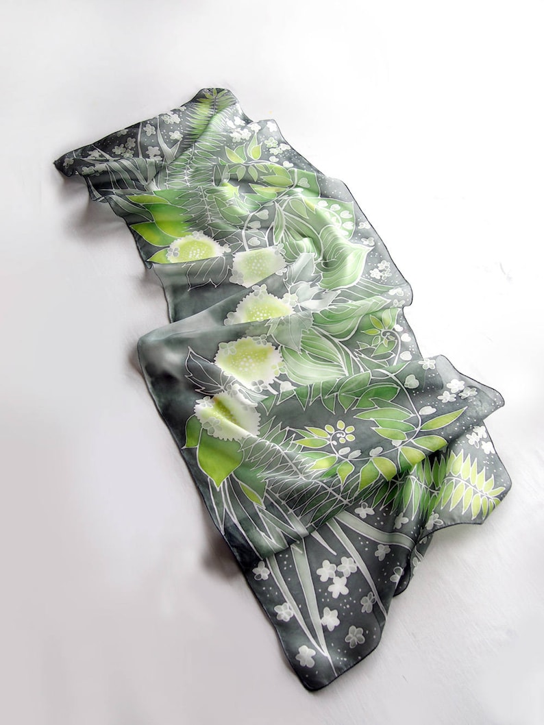 Fern scarf, dark green silk scarves hand painted with Solomon seal, St Patrick gift image 5