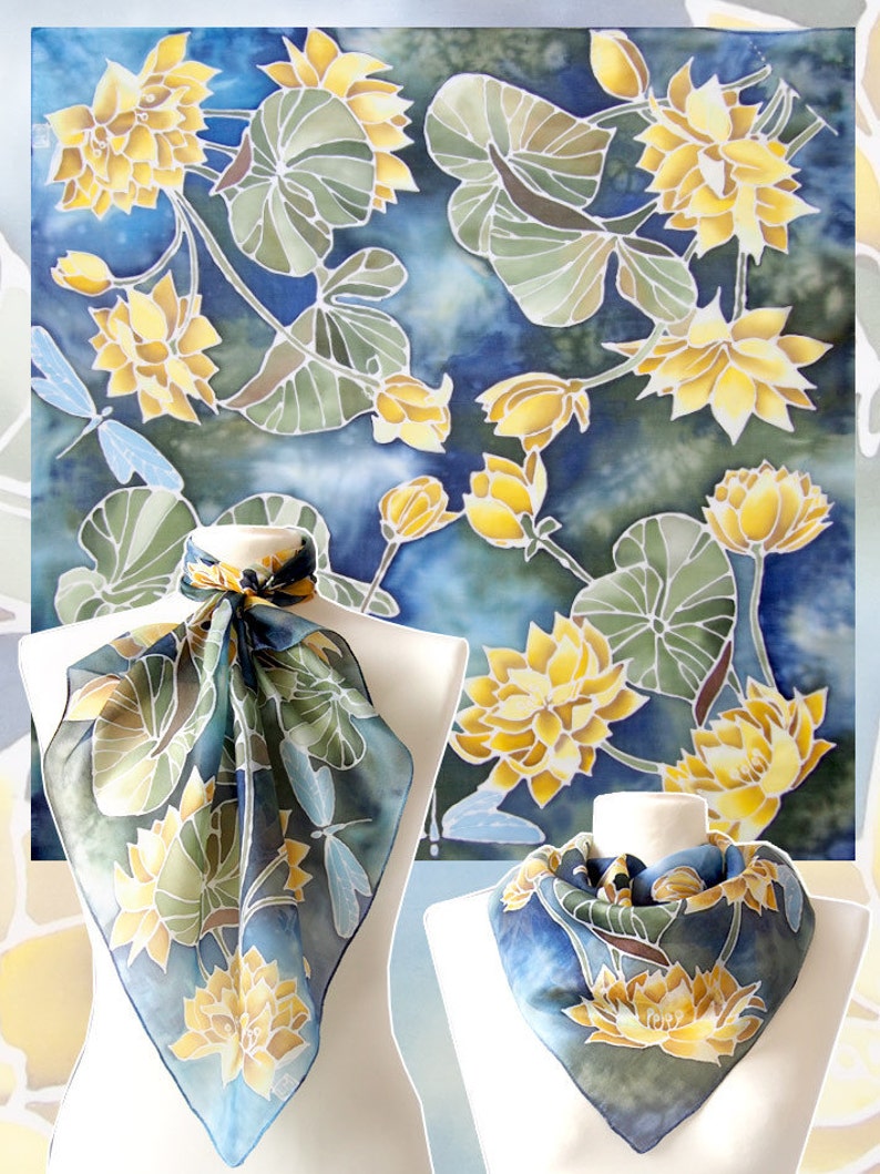 Square scarf Lotus flowers silk scarves handpainted blue Etsy
