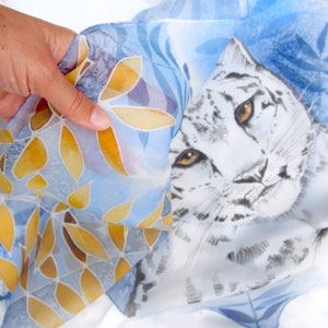 White Leopard scarf, hand painted silk scarves with white tiger, snow and gold autumn leafs. Long silk shawl. image 3