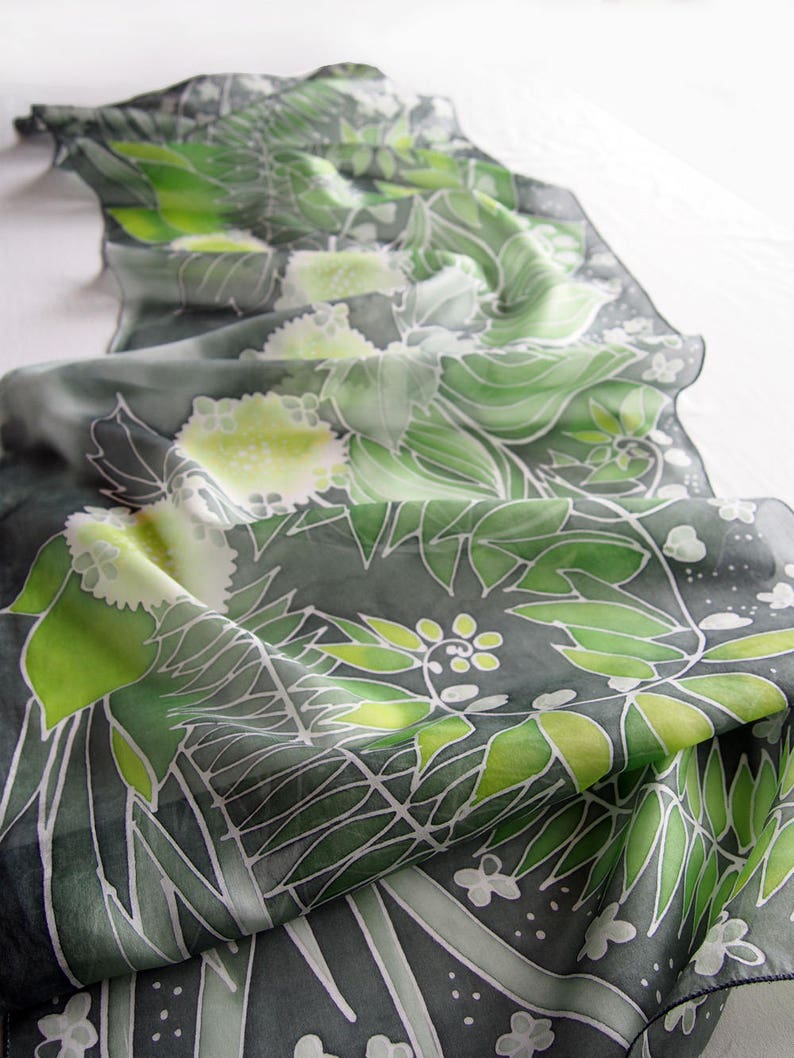 Fern scarf, dark green silk scarves hand painted with Solomon seal, St Patrick gift image 4