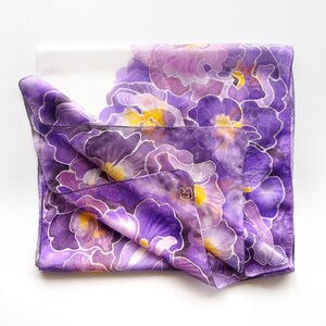Purple scarf, pansy painted silk scarf with flowers, light weight pure Habotai for Mother's Day image 10