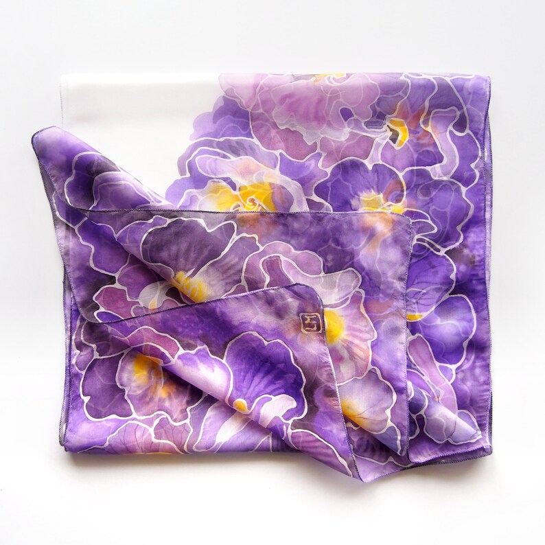 Purple scarf, pansy painted silk scarf with flowers, light weight pure Habotai for Mother's Day image 10