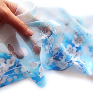 Blue Silk Scarf With White Silver Cherry Blossom, White Flowers Hand ...