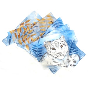 White Leopard scarf, hand painted silk scarves with white tiger, snow and gold autumn leafs. Long silk shawl. Blue