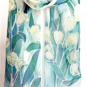 Hand painted scarf White Tulips. Silk scarves in mint green