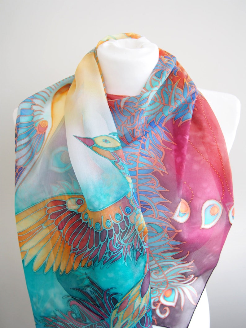 Silk scarf hand painted with Phoenix Bird Of Paradise for 4th wedding anniversary image 4