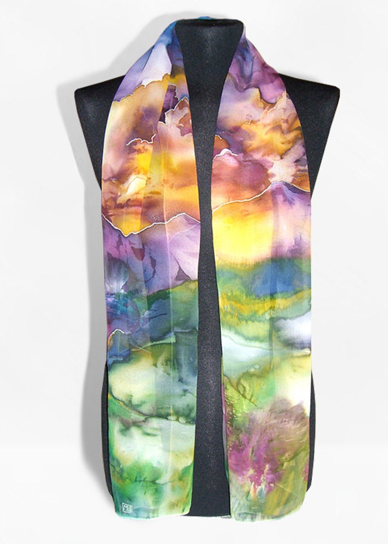 Long silk scarf: Sunset in Mountains. Hand painted scarves with moon and stars, done in watercolor style image 2