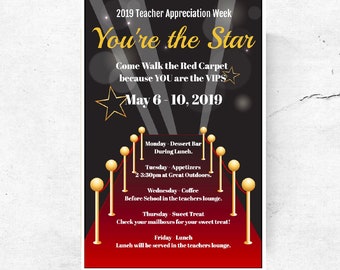 Hollywood Red Carpet Teacher Appreciation Week Poster en Flyer Template, PTA, PTO, Schoolevenement, Makkelijk te gebruiken sjabloon, Zelf bewerken