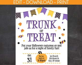 trunk or treat halloween event flyer and invite community etsy halloween event flyers