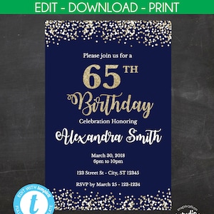 65th Birthday Invitation Template, 65th Birthday Invite, Blue and gold glitter, Instant Template, 5" x 7", 4" x 6", Easy to use template