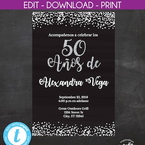 50th Birthday Invitation, 50 Años de, Spanish, Black and silver glitter, Instant Template, edit yourself, templett, 5"x7" and 4"x6