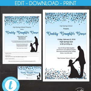 Folleto de baile de papá e hija, entradas y plantilla de póster / Baile de padre e hija / PTA, PTO, evento comunitario de la iglesia / Edítelo usted mismo