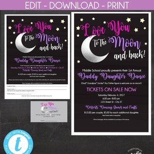 Love you to the Moon and Back Dance Flyer, Poster, Ticket-Vorlage | Papa-Tochter Tanz | Vater und Tochter Tanz | Einfach zu bedienen