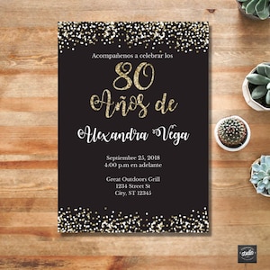 Convite de aniversário de 80 anos, 80 anos de, espanhol, glitter preto e dourado, modelo instantâneo, edite você mesmo