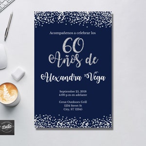 60 Años de, Espagnol, Invitation du 60e anniversaire, Invitación, Paillettes bleues et argentées, Modèle, Modifiez-vous
