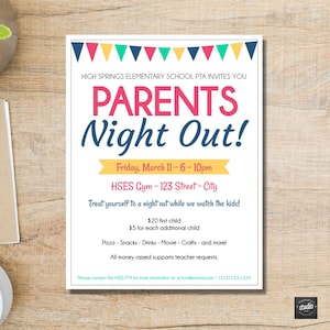 Parents Night Out Event Flyer Template | Easy-to-Use School Event Design | Editable PTA PTSA PTO Flyer