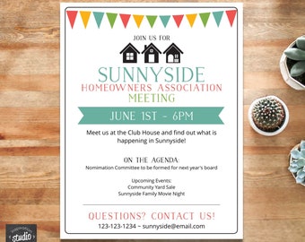 HOA Meeting Announcement Flyer Template, Homeowners Association Meeting Flyer, Subdivision Flyer, Easy to use Template, Edit yourself