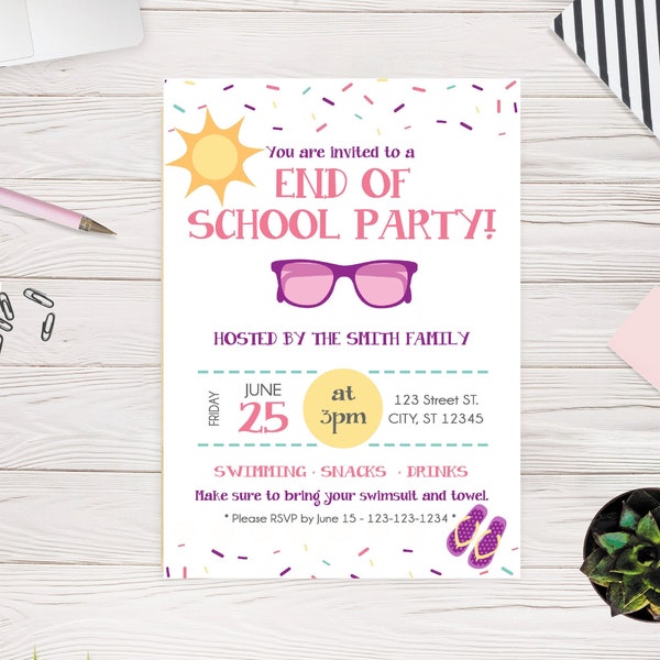 End of the School Year Party Invite Template | Pool Party Invitation | Easy to Use Template | Edit yourself