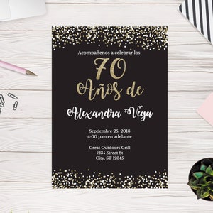 70 anos de, Espanhol, Convite para 70º aniversário, Glitter preto e dourado, Festa de aniversário para adultos, Modelo fácil de usar, Edite você mesmo