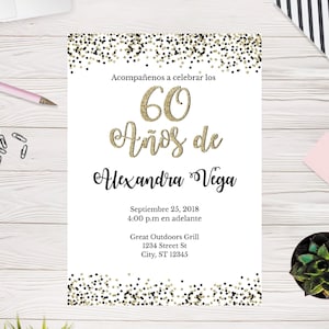 60 Años de, Spanish, 60th Birthday Invitation, White with black and gold glitter, Easy to use Template, edit yourself