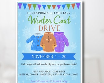 Winter Coat Drive Flyer and Poster Template, Charity Event, PTA, PTO, School, Church Event Flyer, easy to use template