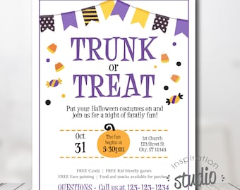 Puede incluir: Un folleto con temática de Halloween con las palabras "TRUNK or TREAT" en letras moradas. El folleto incluye pancartas decorativas, caramelos de maíz y un gráfico de calabaza. Proporciona detalles del evento.