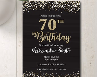 70th Birthday Invitation Template, 70th Birthday Invite, Black and gold glitter, Edit yourself,  5&quot; x 7&quot; and  4&quot; x 6&quot;, Easy to Use Template