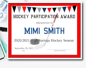 Customizable Hockey Award Certificate | Personalized End of Season Recognition | DIY Hockey Template