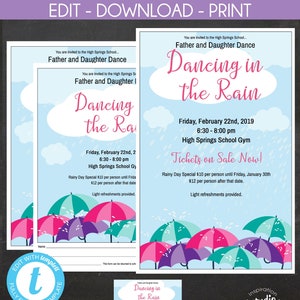 Dancing in the Rain Flyer, Poster und Ticket-Vorlage, Daddy, Tochter Tanz, Vater Tochter Tanz, Einfach zu verwendende Vorlage, Schule, Kirche