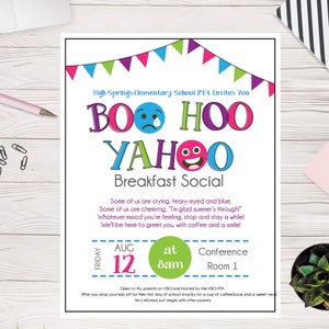 May include: A colorful flyer for a "Breakfast Social" hosted by the High Springs Elementary School PTA. The flyer features the words "BOO HOO YAHOO" with emoji faces, and details the event date, time, and location.