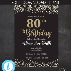 80th Birthday Invitation Template, Adult Birthday Party Invitation, Easy to use template image 5