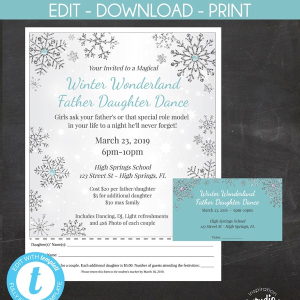 Winter Wonderland, Father - Daughter Dance, Event Template Printable Package -  flyer, tickets, poster, Easy to use template