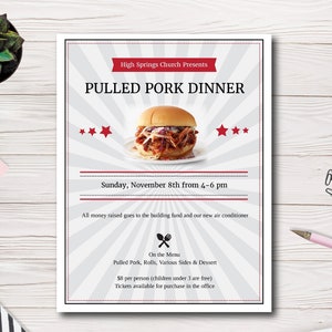 Pulled Pork Fundraiser Flyer Template, Barbecue Dinner Fundraiser Flyer, BBQ Night, PTA, PTO, School, Church, Easy to use template