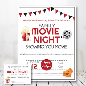 Movie Night Flyer und Tickets Vorlage, Spendenaktion, PTA, PTO, Schule, Kirche, Gemeinde, Einfach zu verwendende Vorlage