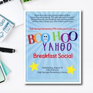 May include: A printed flyer with a light blue background and white border. The text reads "BOO HOO YAHOO Breakfast Social" in colorful letters. Includes the date, time, and location of the event. Two yellow stars are also featured.