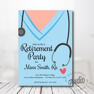 Op de afbeelding: Een blauwe en roze uitnodiging voor een afscheidsfeest voor Mimi Smith, verpleegkundige. De uitnodiging heeft een stethoscoop en een hart. Het feest wordt gehouden op 19 juli van 18:00 tot 23:00 uur in het restaurant Great Outdoors. RSVP vóór 5 juli.