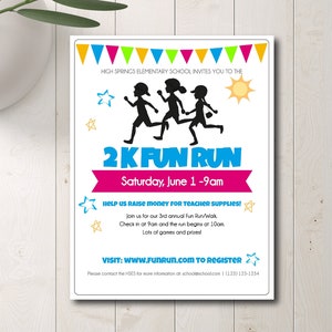 Fun Run Fundraiser Flyer Template | Fun Walk | 5k Run | 2k Walk | Jog a Thon | PTA, PTO, School, Community Event | Easy to Use Template