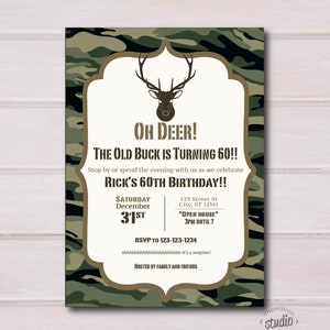 Camouflage, Oh Deer, The old buck is turning.... custom birthday invite template, Adult Invite Custom Printable, Edit yourself