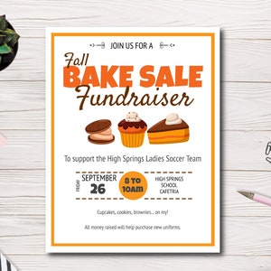 Fall Bake Sale Fundraiser Flyer Template, Bake Sale Event Fundraiser, PTA, PTO, School Fundraiser, Church, Easy to use template
