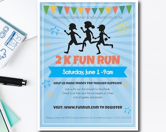 Fun Run Fundraiser Flyer Template | Fun Walk | 5k Run | 2k Walk | Jog a Thon | PTA, PTO, School or Church Event Flyer
