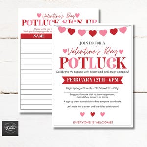 Op de afbeelding: Twee witte Valentijnsdag potluck inschrijvingsformulieren. Het hoofdblad heeft een banner van roze en rode harten, met de tekst "Valentine's Day Potluck" in roze en rood. De datum is 12 februari, 18.00 uur.