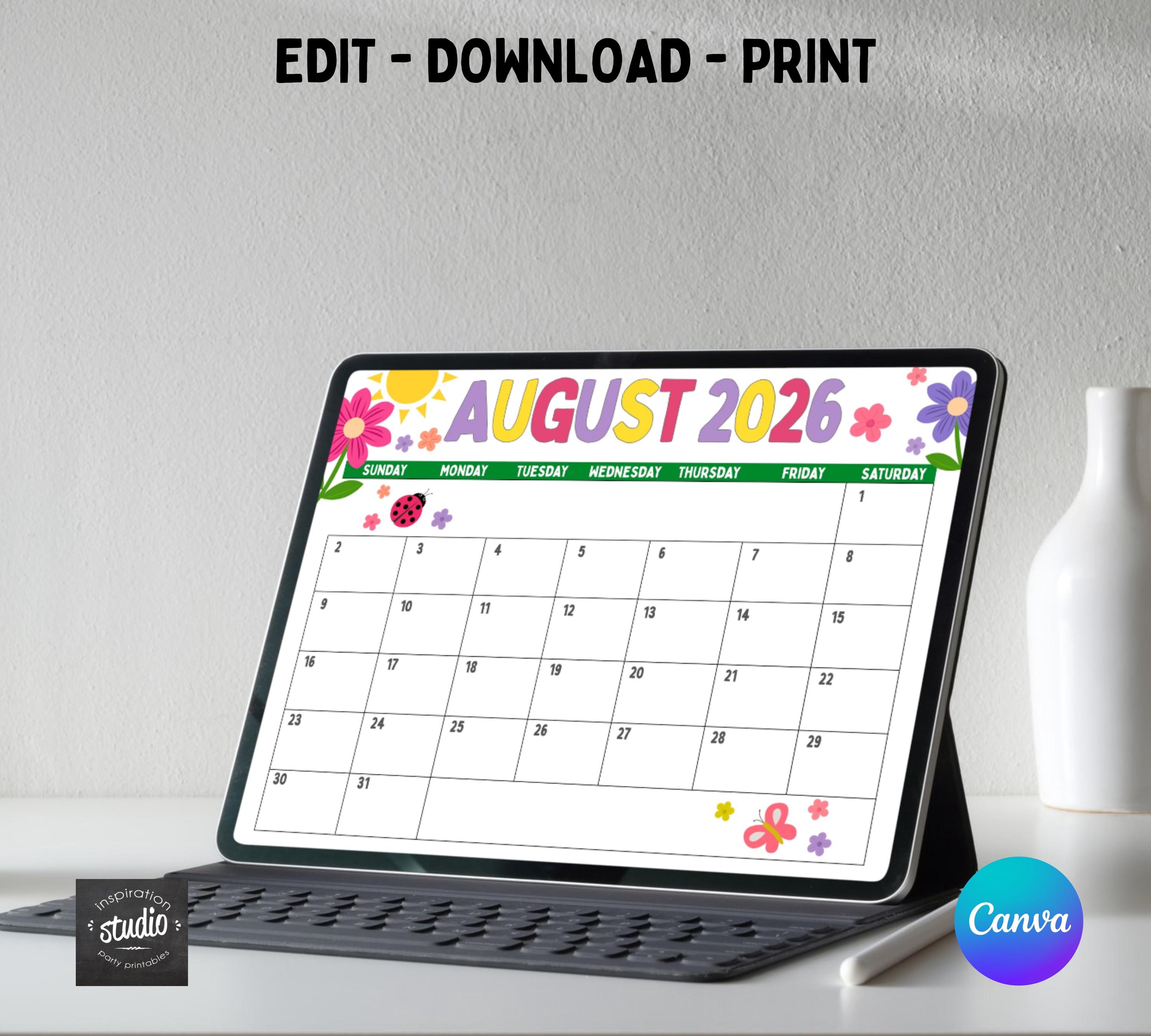 August 2026 Calendar | Editable Canva Monthly Planner With Summer ...