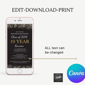 May include: A black and gold digital invitation for a 10 year high school reunion. The invitation features a black background with gold glitter and text that reads "Join us for the High Springs High School Class of 2014 10 Year Reunion".