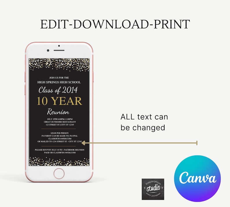 May include: A black and gold digital invitation for a 10 year high school reunion. The invitation features a black background with gold glitter and text that reads "Join us for the High Springs High School Class of 2014 10 Year Reunion".