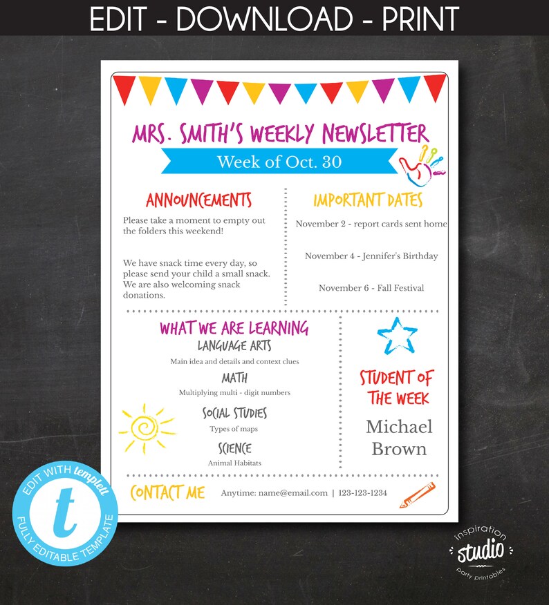 Teacher Weekly Email Example Editable Weekly Teacher Newsletter Template Notes to Parents - Etsy