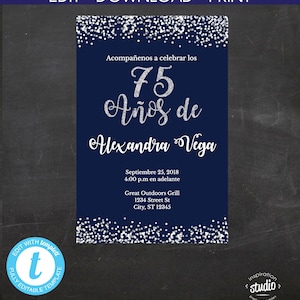 75 Años de, Invitación de Cumpleaños, Spanish, Español, Invitación de la fiesta de cumpleaños número 75, Easy to use Template, 75 Birthday image 7