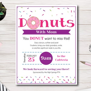 Donuts with Dad Flyer Template | Donuts with Mom Flyer |  PTA, PTO, School Event Flyer | School Fundraiser Event | Easy to use template