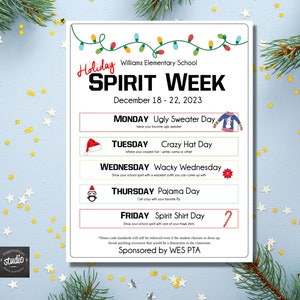 Holiday School Spirit Week Flyer Template, Christmas Spirit Week Schedule, PTA, PTO, School Event Flyer, Easy to use template, edit yourself