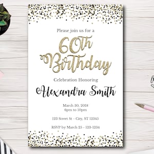 60th Birthday Invitation Template | White with black and gold glitter | Adult Birthday Invite | Easy to Use Template | Edit yourself
