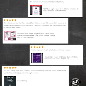 K&ouml;nnte beinhalten: F&uuml;nf Kundenbewertungen f&uuml;r druckbare Partydekorationen. Die Bewertungen sind positiv und beinhalten Bilder der Produkte. Zu den Produkten geh&ouml;ren ein Geburtstagsplakat, ein Flyer f&uuml;r einen Sock Hop Dance und eine Einladung zum Ehrenhof der Pfadfinder.
